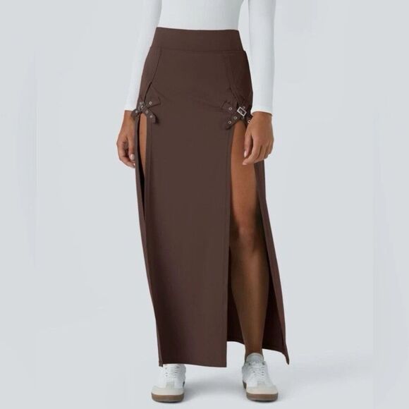 HALARA High Rise Decorative Buckle Split 2-in-1 Maxi Skirt XL Goth Brown NWT B50 - Picture 1 of 6
